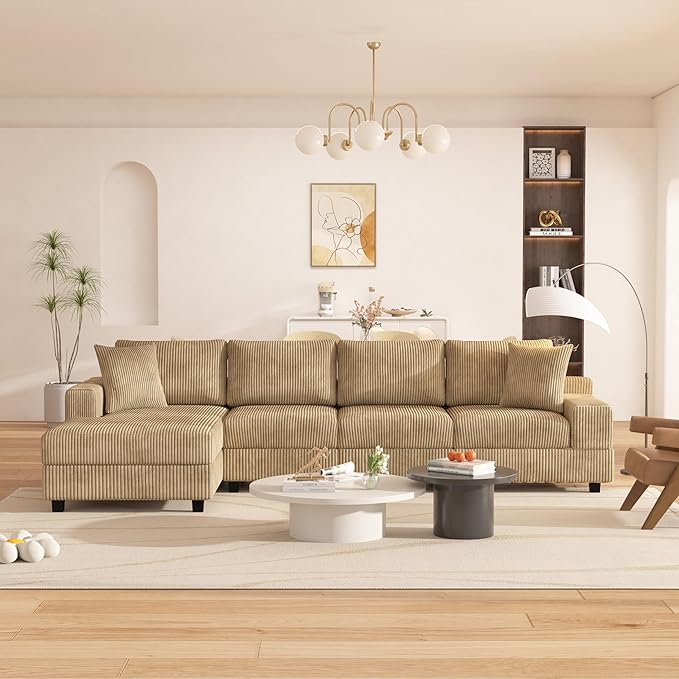 Eafurn 132.68" Oversized L Shaped Modular Sectional Sofa Couch with Reversible Chaise Lounge Daybed, Modern Corduroy Upholstered Corner Lounge Couch with Thick Cushions and Headrest