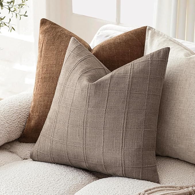 Foindtower Set of 2 Decorative Linen Check Throw Pillow Covers Neutral Farmhouse Vintage Cushion Covers Modern Boho Home Decor for Sofa Chair Couch Bedroom Living Room Outdoor,18×18 Inch,Tan Taupe