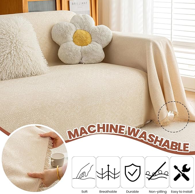 STACYPIK Thick Beige Jacquard Floral Couch Cover for Dogs, Washable Boho Couch Covers, Non Slip Couch Sofa Cover, Couch Cover 3 Cushion Sofa with Tassels, Furniture Protector for Living Room-71X150IN