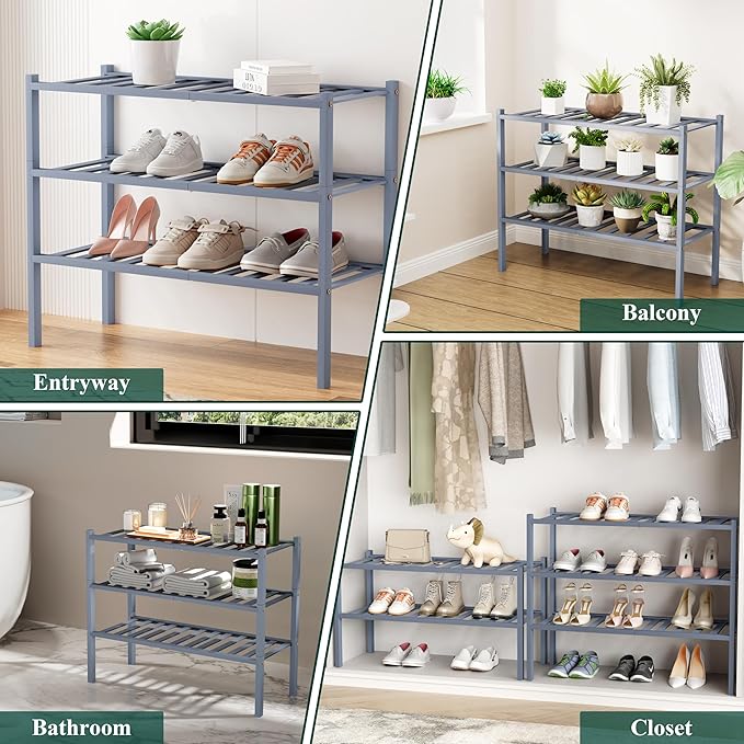 Smiry Shoe Rack, 4 Tier Bamboo Shoe Organizer, Stackable Free Standing Wooden Shoe Storage Shelf for Closet, Entryway, Front Door Entrance, Grey