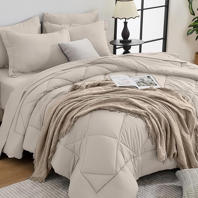 HEVUMYI Beige Tan King Comforter Set - 7-Piece All Season Bed in a Bag King, Ultra Soft Bedding Set with Comforter, Flat Sheet, Fitted Sheet, Pillowcases, Pillow Shams, Beige Tan