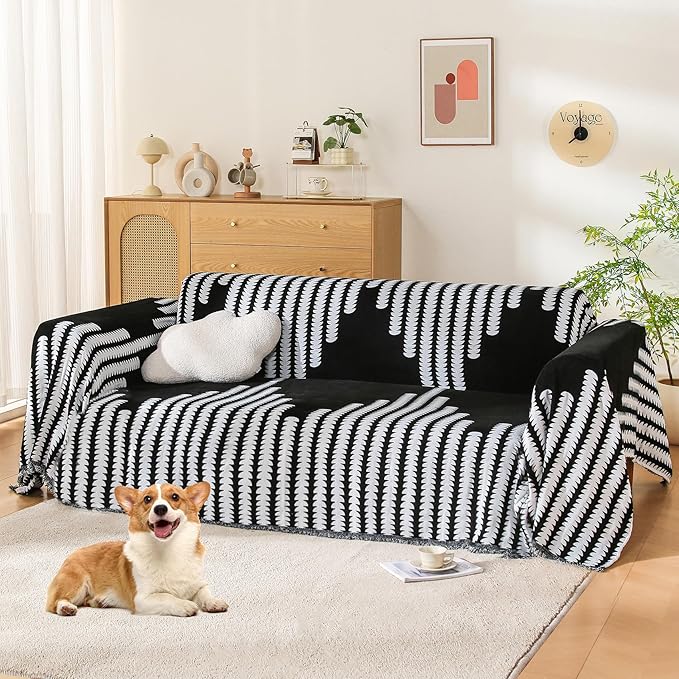 Boho Sofa Cover, Couch Covers for 3 Cushion Couch Sofa Pet Friendly, Sofa Cover Washable, Soft Chenille Living Room Couch Covers Slipcover, Pet Furniture Protecto (2# Black, 71" x 150")