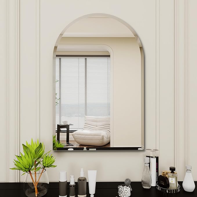 Arched Bathroom Mirror, 31X32 inch Arched Frameless Mirror, Arch Wall Mirror，Frameless Mirrors for Bathroom,Beveled Bathroom Mirror.