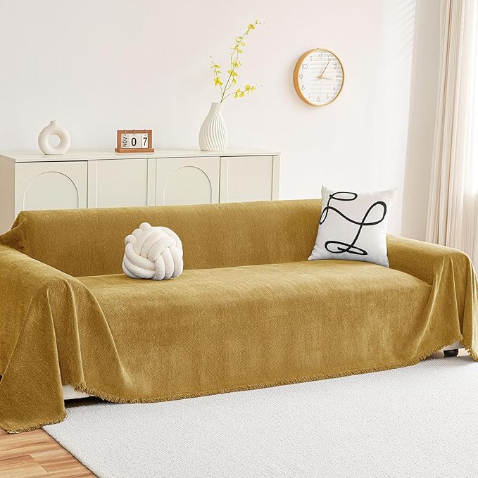 hyha Couch Cover for Dogs, Boho Sofa Covers for 3 Cushion Couch Washable, Chenille Sofa Slipcover for Pets, Soft Loveseat Sectional Couch Throw Blankets with Tassels (Yellow, 71x118 Inch)