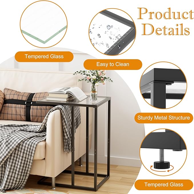 C Shaped End Table, Glass Couch Side Tables for Living Room, Small Modern Sofa Table with Metal Frame, TV Tray Table for Bedroom, Office, Small Space, Black