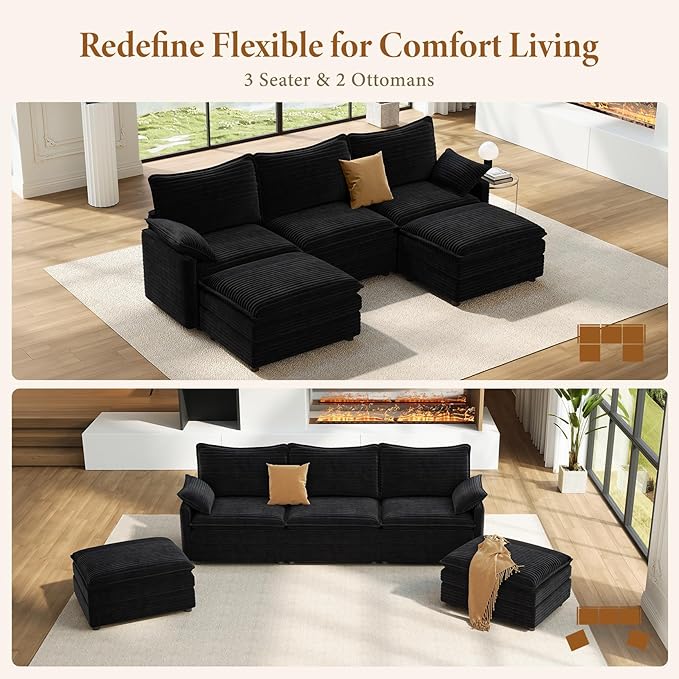 Vesgantti 108" U Shaped Sectional Couch, Comfy Cloud Modular Sectional Sofa with 2 Ottoman Deep Seat Corduroy Modern Cloud Sofa, Modular Sofas for Living Room, Bedroom and Apartment, Black