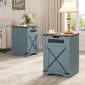 Farmhouse End Table Set of 2 with Charging Station, 26.4" Tall Rustic Nightstand with Drawer and X Barn Door, Country Bedside Sofa Side Table for Living Room, Blue