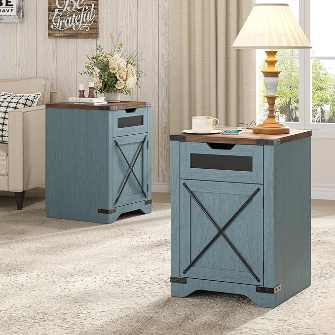Farmhouse End Table Set of 2 with Charging Station, 26.4" Tall Rustic Nightstand with Drawer and X Barn Door, Country Bedside Sofa Side Table for Living Room, Blue