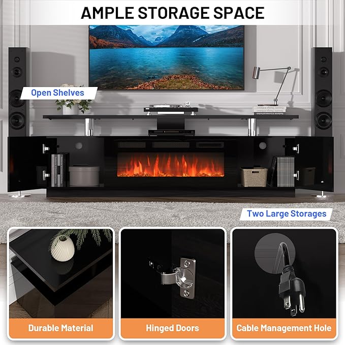 70 Inch Fireplace TV Stand with 36 Inch Electric Fireplace, 12 Colors LED Lights, 750W/1500W for Max 80 Inch TV, 2 Tier Storage 2 Door Cabinet