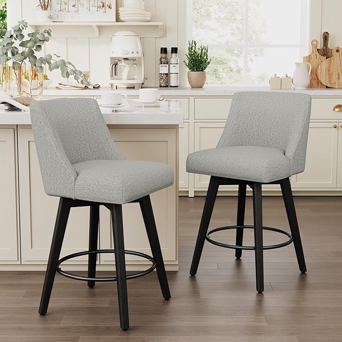 Vipbear Swivel Counter Height Bar Stools Set of 2,26.8" H Counter Stools with Back, Mid Century Modern Bar Stools for Kitchen Island,Linen Fabric,Wooden Base, Light Gray