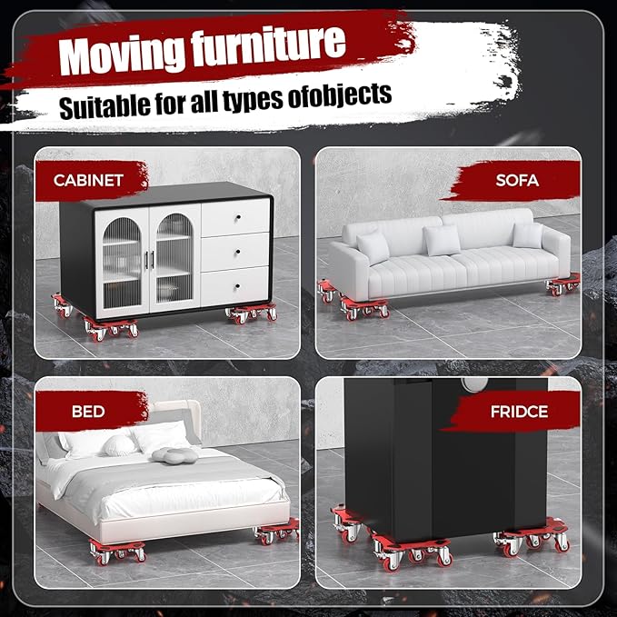 Furniture Dolly & Movers 4-Pack 3000lbs - Heavy Duty Interlocking Furniture Sliders with No Scratch Design, Safe for Hardwood Floors, for Sofa/Refrigerator/Piano Moving (Red, 7in)