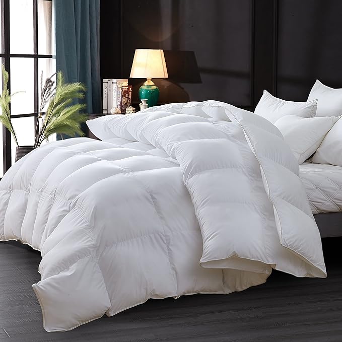 Egyptian Cotton Luxurious All-Season California King Size Goose Down Comforter Duvet Insert, Premium White Solid Plain Design, 1200 Thread Count 100% Egyptian Cotton, 750+ Fill Power,90oz Fill Weight