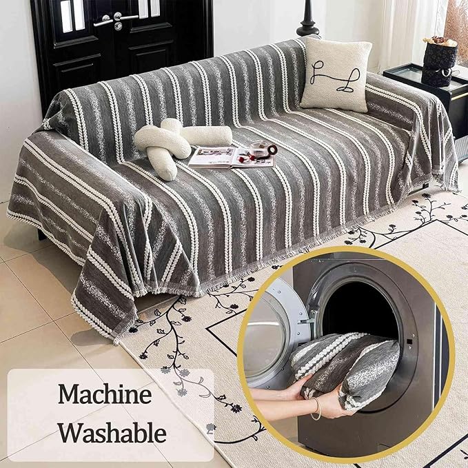 Couch Cover for Dogs Washable Sofa Cover, Sectional Couch Covers, Sofa Covers for 2 Cushion Couch, Non Slip Stripe Sofa Slipcovers Furniture Protector, Couch Protector from Cat Claws, Grey,75''x150''