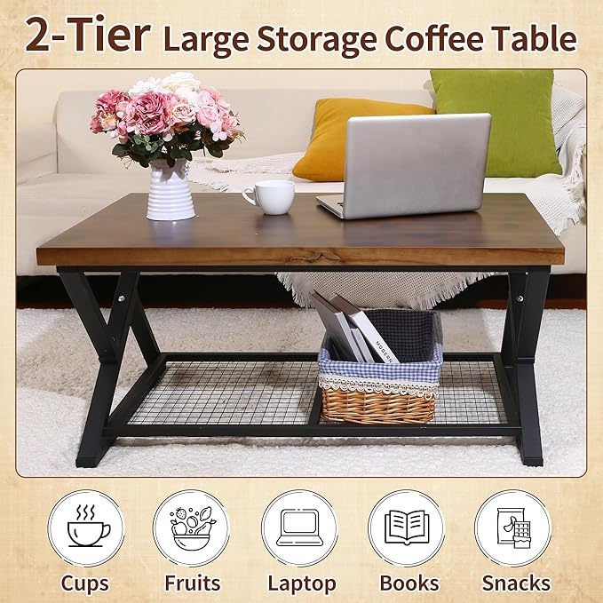 EASYSOUL Coffee Table with Storage Shelf, Solid Wood Top with Black Metal X-Frame, 39.37" D x 23.62" W x 18.11" H, Mid Century Modern Center Coffee Tables for Living Room with 2 Tier (Brow, 39.37")
