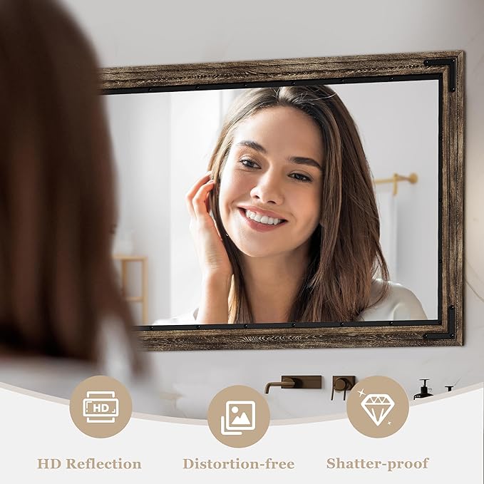 YOSHOOT Farmhouse Bathroom Mirror, Rustic Wood Mirror, Wooden Framed Vanity Mirror, Solid Wood & Handmade, Vertical or Horizontal Hanging for Bathroom Entryway Living Room Bedroom, 40" x 26", Brown