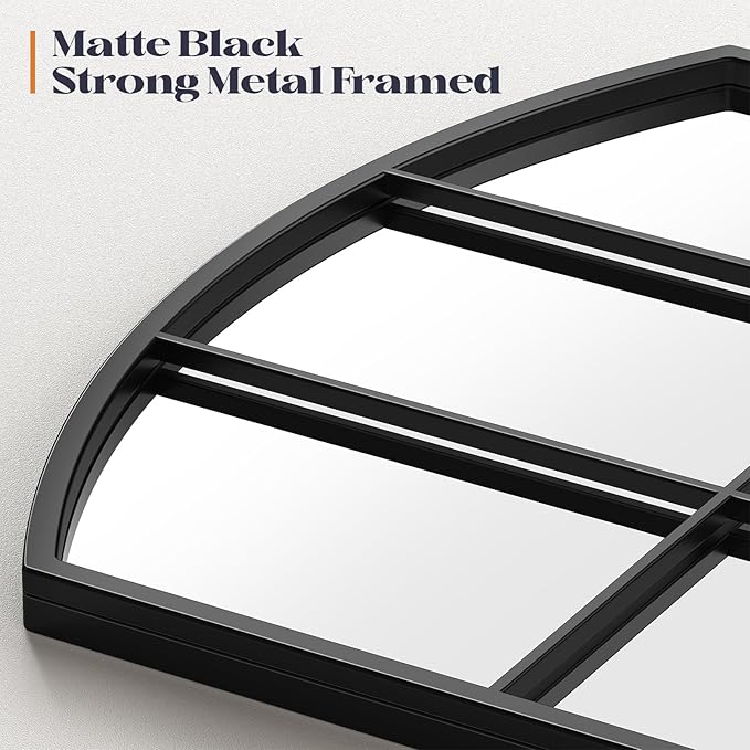 Window Pane Black Mirror, 36" x 24" Farmhouse Arched Window Mirror, Large Grid Mirror for Living Room Bedroom Fireplace Hallway Entryway