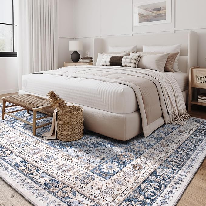 zesthome 4x6 Rug - Stain Resistant Washable Rug, Anti Slip Backing Rugs for Living Room, Foldable Vintage Small Area Rugs (Blue/Beige,4'x6')