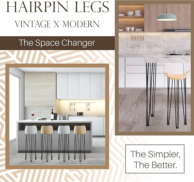 TEN49 Heavy Duty Hairpin Furniture Leg - 34 Inch Industrial Metal Table Legs - 1/2" Extra Thickness 3 Solid Rods Raw Steel Color Leg - Fit for Modern Standing Desk, Console, Bar Height Table Legs