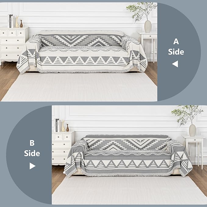 MYSKY HOME Boho Couch Cover for Dogs Washable Grey Rhombic Couch Sofa Protector for Loveseat Sofa with Pets Friendly Chenille Geometric Sofa Covers Soft Durable Farmhouse Sofa Slipcovers, 71" X102"
