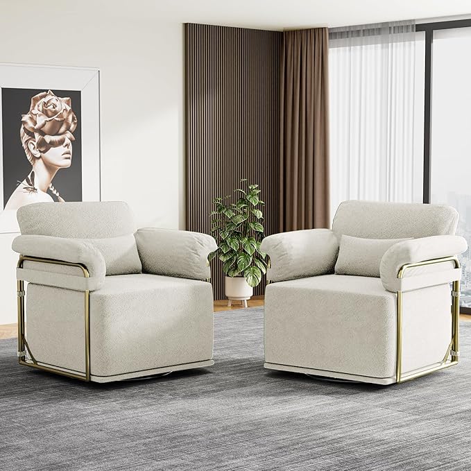 KEIKI Modern Comfy Swivel Accent Reading Chair with Waist Pillows, 360°Square Upholstered Barrel Armchair Single Club Lounge Sofa Chairs for Living Room,Bedroom,Office,Beige