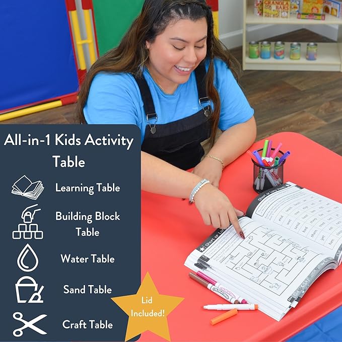 Children's Factory Medium Sensory Table – 24″ Height Table and Lid, Sandbox with Lid, Water Table for Kids, Red