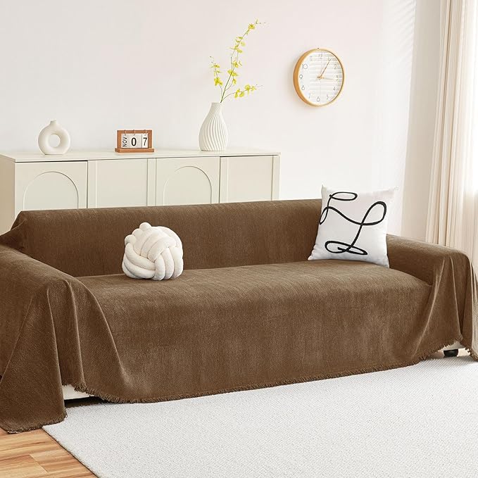 hyha Couch Cover for Dogs, Boho Sofa Covers for 3 Cushion Couch Washable, Chenille Sofa Slipcover for Pets, Soft Loveseat Sectional Couch Throw Blankets with Tassels (Chocolate, 71x118 Inch)