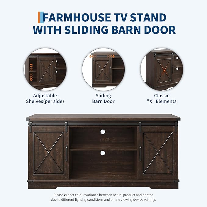 GarveeHome Farmhouse TV Stand for TV up to 65 Inches and Entertainment Center with Sliding Barn Doors and Adjustable Shelf, Tv Media Console Table with Storage Cabinet for Living Room, Bedroom, Brown