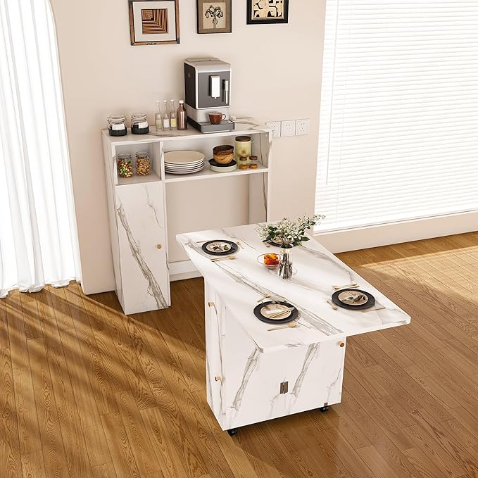 Ball & Cast Multifunctional Folding Dining Table with Wall-Mounted Sideboard & Storage,Wood Kitchen Island w/Four-in-one Socket and Silent Wheels,Space-Saving,Easy to Assemble,for Dining Room,White