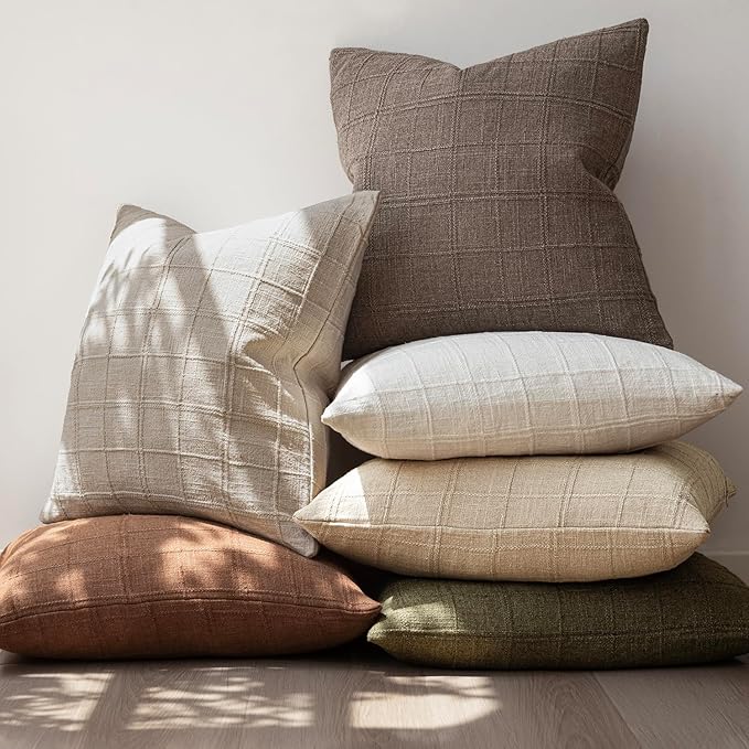 Foindtower Set of 2 Decorative Linen Check Throw Pillow Covers Neutral Farmhouse Lumbar Cushion Covers Modern Boho Home Decor for Sofa Chair Couch Bedroom Living Room Outdoor,12×20 Inch,Taupe Grey