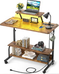 Height Adjustable Standing Desk with Power Outlets and LED Lights - 32" Manual Stand Up Desk with Monitor Stand and Storage Shelves Small Mobile Rolling Computer Desk Portable Laptop Table, Rustic