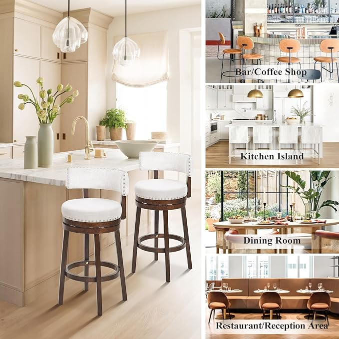 COLAMY Swivel Bar Stools Set of 3, Swivel Counter Height Barstools with Back, 30 Inch Modern Upholstered Bar Stools for Kitchen Island Dining Room Bar, Beige