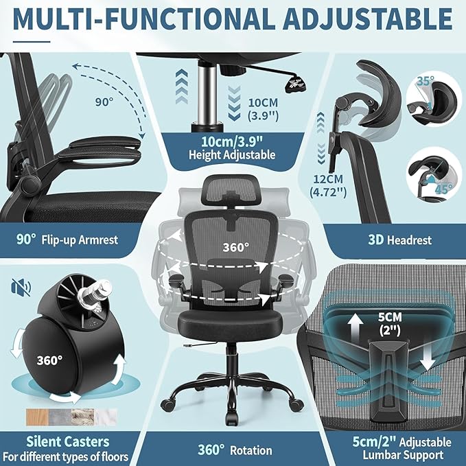 FelixKing Ergonomic Office Chair, Headrest Desk Chair with Adjustable Lumbar Support, Home Office Swivel Task Chair with High Back and Armrest, Adjustable Height Gaming Chair(Black),Pack of 5