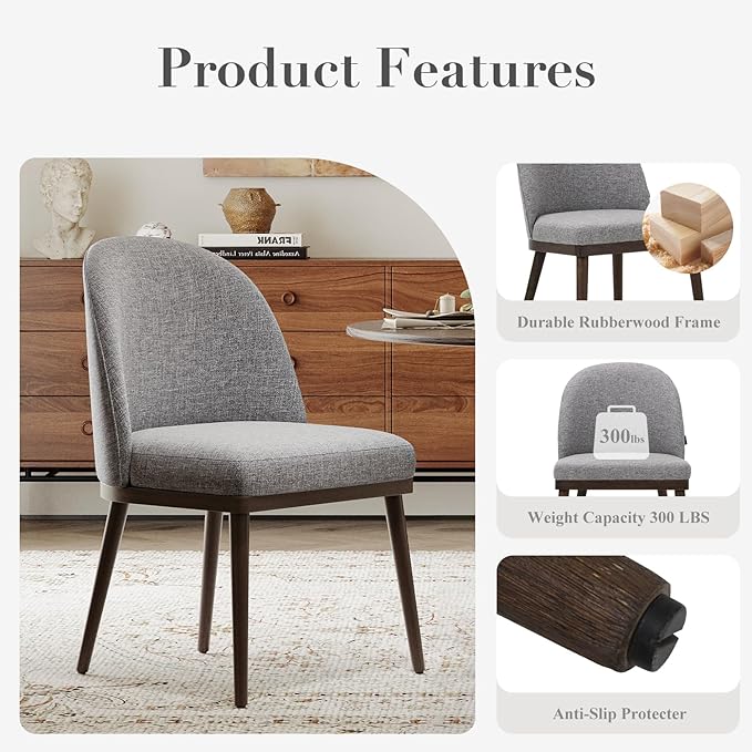 COLAMY Upholstered Dining Chairs Set of 2, Large Dining Room Kitchen Chairs with High Back and Deep Seat, Modern Fabric Dinner Chairs with Wood Legs, Dark Grey
