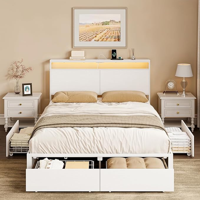 Queen Bed Frame with 4 Storage Drawers Bed Frame Queen Size with Headboard LED Lights Charging Station Metal Slats Platform Heavy-Duty Support No Box Spring Needed White