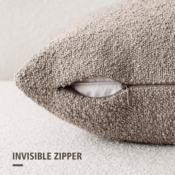 Foindtower Set of 2, Decorative Textured Boucle Throw Pillow Covers Accent Solid Pillow Cases Neutral Soft Cozy Couch Cushion Case for Chair Sofa Bedroom Living Room Home Decor 24x24 Inch Light Taupe