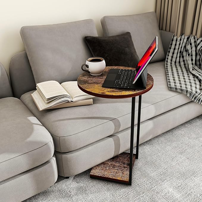 HDANI C Table End Table,Round Side Table That Slide Under,C Shaped End Table for Couch,Small Table for Living Room, Bedroom,Rustic Brown