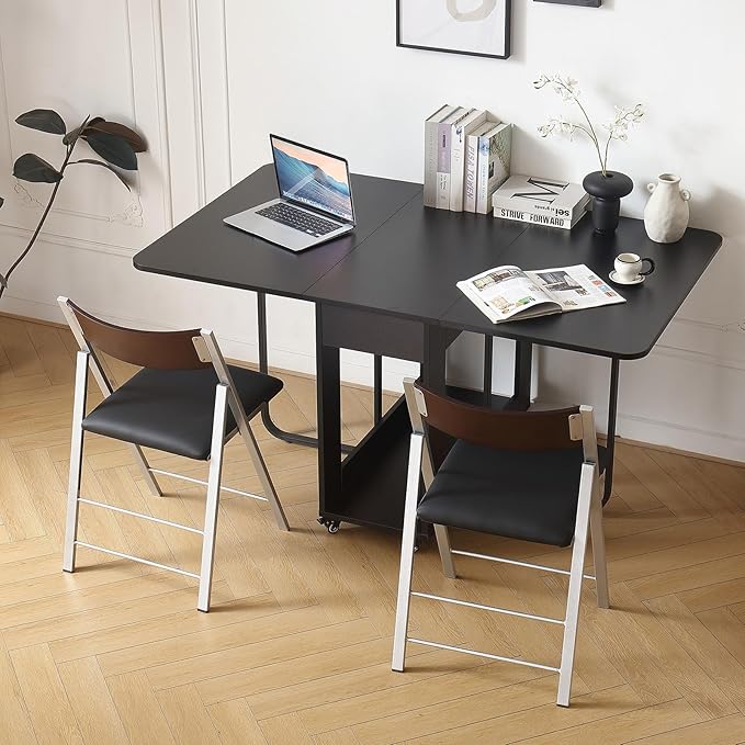 Folding table and chair set, dining table with extra large storage space and 4 universal wheels, matched with padded steel frame folding chairs, space-saving dining table and 2 chairs (Black)