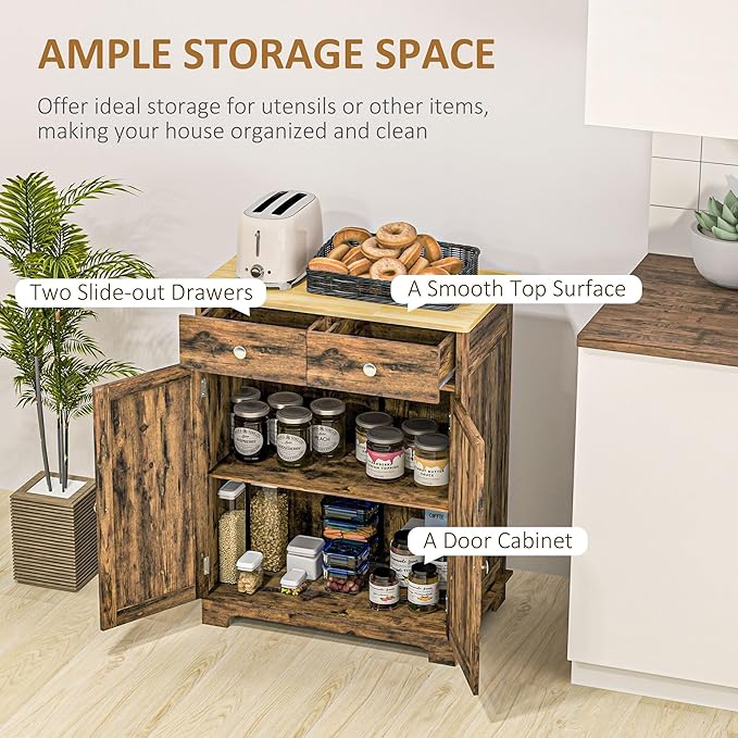 HOMCOM Sideboard with Solid Wood Countertop, Modern Kitchen Storage Cabinet, Coffee Bar Cabinet with 2 Drawers, Doors and Adjustable Shelf, Rustic Brown