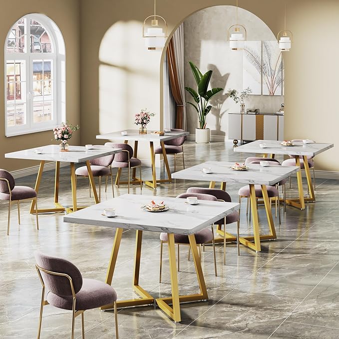 Tribesigns Square Dining Table for 10, 31.5" Modern White Dinner Table with Metal Base, Kitchen Table for Dining Room, Small Space, Apartment, White & Gold
