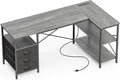 Huuger L Shaped Office Desk with Power Outlets, 55 Inch Computer Desk with 3 Drawers, Shelves, Reverisble for Gaming Corner Work Home Office Study, Grey
