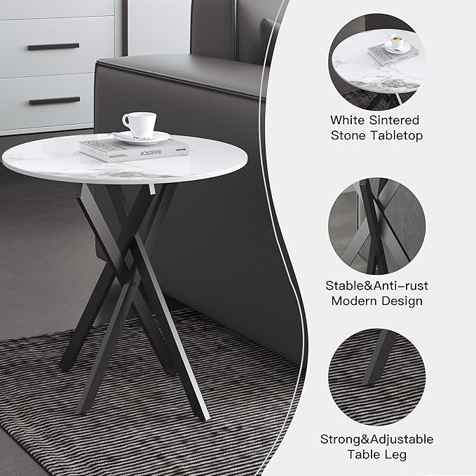 Small Round Marble Side Coffee Table Set of 2 with Metal Legs, Sintered Stone White Modern End Table for Living Room Sofa Home Bed Office (2 Pieces, 20"×20"×18")