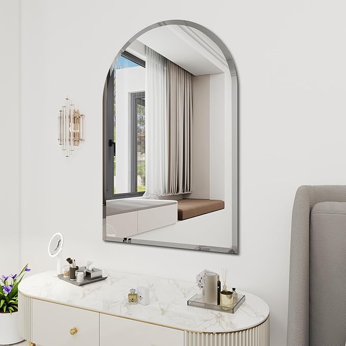 Arched Bathroom Mirror, 32X40 inch Arched Frameless Mirror, Arch Wall Mirror，Frameless Mirrors for Bathroom,Beveled Bathroom Mirror.