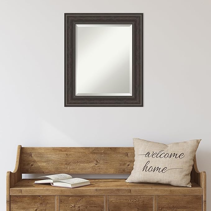 Amanti Art Brown Wall Mirror 26x22 Shipwreck Greywash Rectangle Bathroom Mirror for Wall Decor Living Room, Small Traditional Frame, Hangs Horizonally and Vertically, Bathroom Decor, Beveled Edge