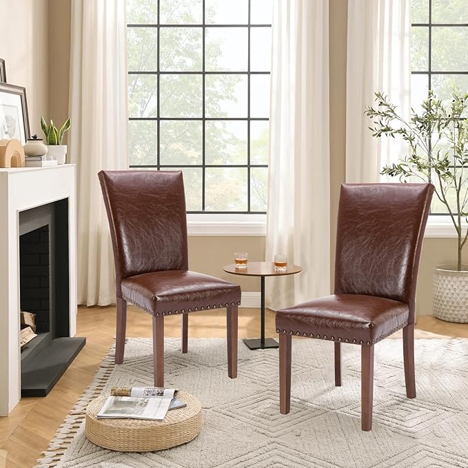 Parsons Dining Chairs Set of 6, Upholstered Nailhead PU Leather Dining Room Kitchen Side Chair with Thick Cushions and Wood Legs, Light Brown