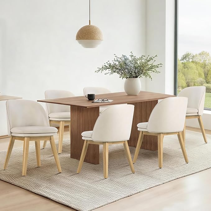 Wooden Dining Chairs Set of 4, Faux Leather Upholstered Modern Dining Room Chairs with Double-Layer Thick Seat Cushion & Ergonomic Backrest for Restaurant, Kitchen and Café, Beige, 2 Boxs