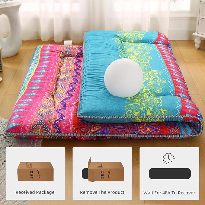 Bohemian Retro Japanese Floor Mattress, Vintage Floral Tatami Floor Mat, Portable Roll up Futon Mattress for Guest,Tavel (D,Full 80" X 47")