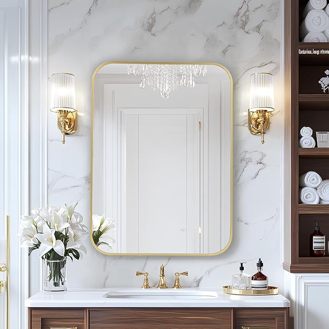 MZON 30x36 Inch Large Brushed Gold Vanity Mirror, Rectangle Bathroom Mirrors for Over Sink, Anti-Rust Frame & Tempered Glass, Hangs Both Ways - Perfect for Luxe Living Room or Bathroom Wall Decor
