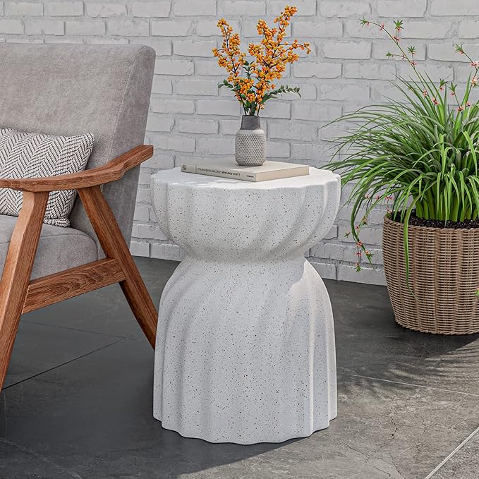 COSIEST Set of 2 Outdoor Side Table, 19" Concrete Contemporary Lightweight Side Table,Patio End Accent Table, Modern Stool Table for Livingroom,Garden,Patio,Spotted White
