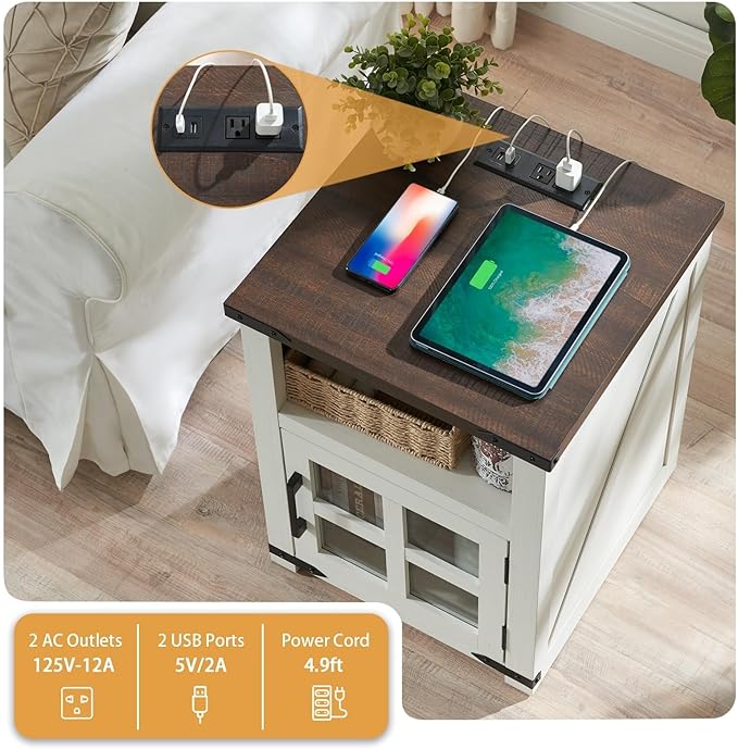 Farmhouse Nightstand with Charging Station, Rustic End Table with Tempered Glass Barn Door, Wood Sofa Side Bedside Table with Open Storage Shelf for Living Room, Bedroom, White