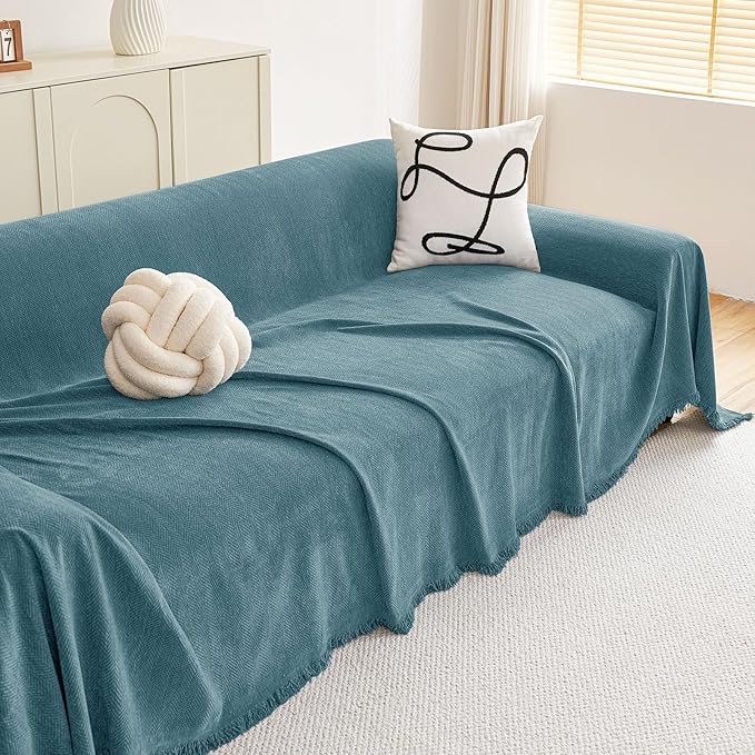 hyha Couch Cover for Dogs, Boho Sofa Covers for 3 Cushion Couch Washable, Chenille Sofa Slipcover for Pets, Soft Loveseat Sectional Couch Throw Blankets with Tassels (Blue, 71x150 Inch)